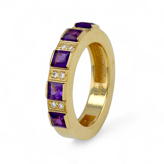 14K Yellow gold solid amethyst diamonds band-172828