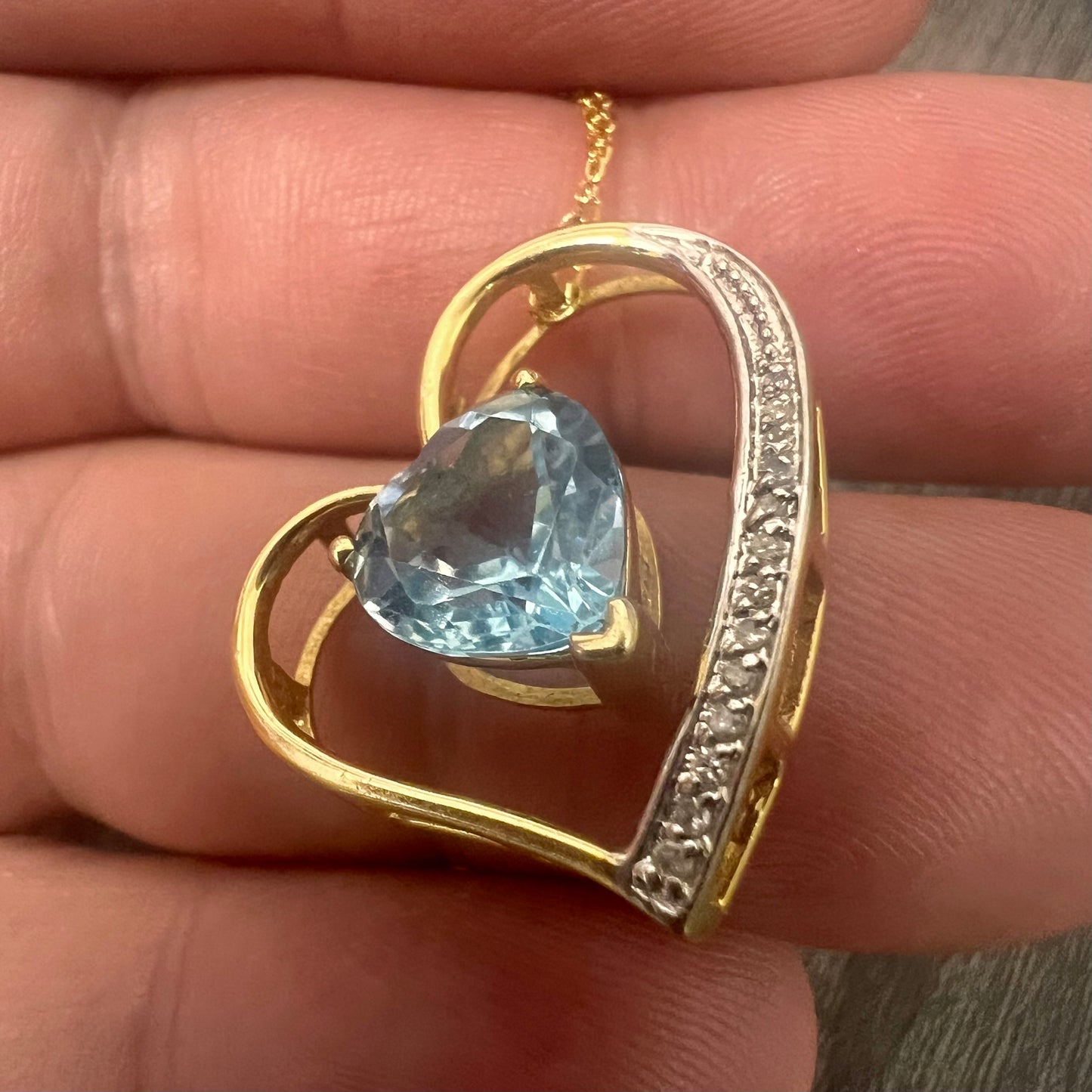 14K Yellow gold big heart floating blue topaz and diamonds Necklace-13209