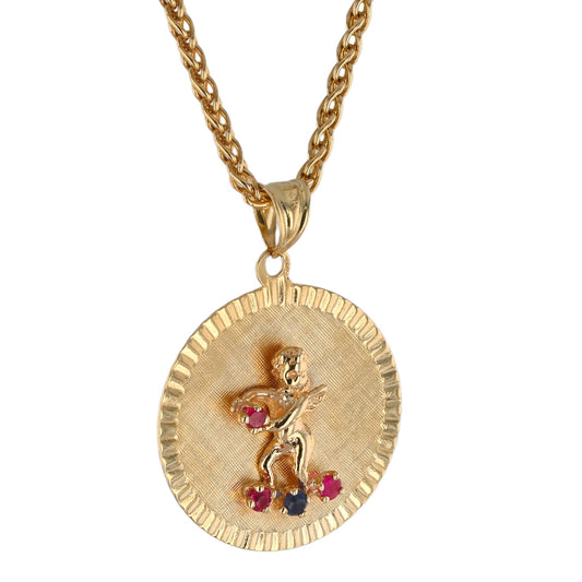 14K Yellow gold solid choker 3D angel ruby and blue sapphire coin pendant-400373