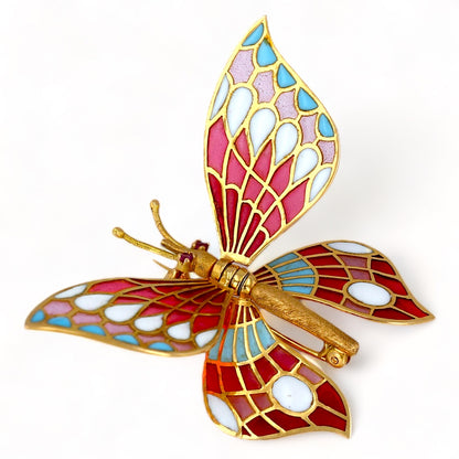 18k yellow gold and ruby hand painted butterfly pendant and brooch-56891