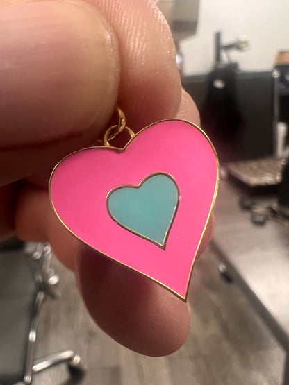 14K Yellow gold double heart pink and teal pendant-62737