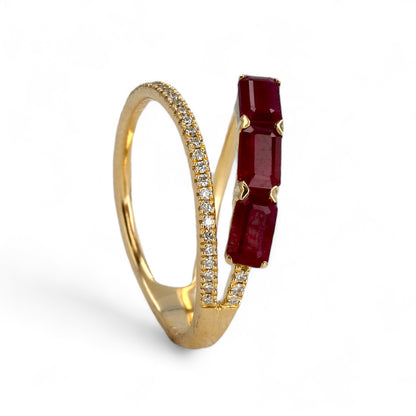14K Yellow gold natural ruby and diamonds bypass ring-RB1029Y