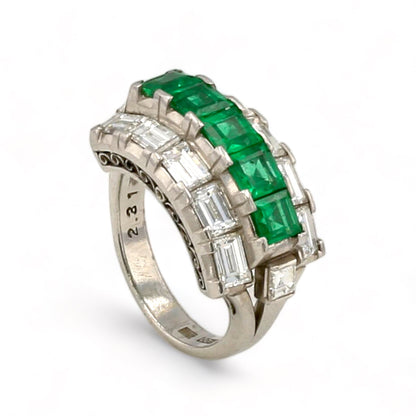 Platinum cocktail wedding ring baguette diamonds and emerald-226620