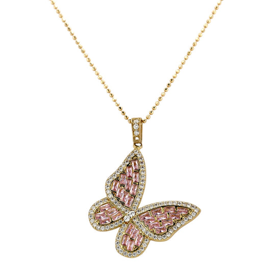Set gold butterfly pink pendant