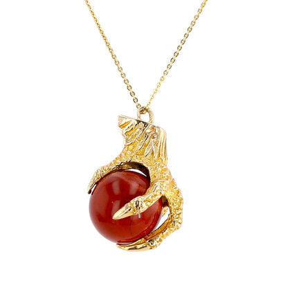 14K Yellow gold 3D solid eagle Claws holding red jasper ball necklace-14887
