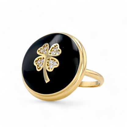 14K Yellow gold onyx clover round ring-222627