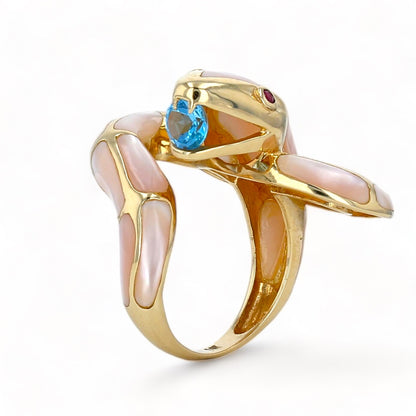 14K Yellow gold two tone mother pearl blue aquamarine and ruby decoration fancy cobra ring