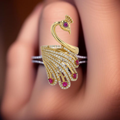 Yellow 14k gold peacock ruby color ring