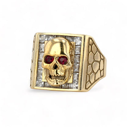 10K yellow gold skull ring red eyes