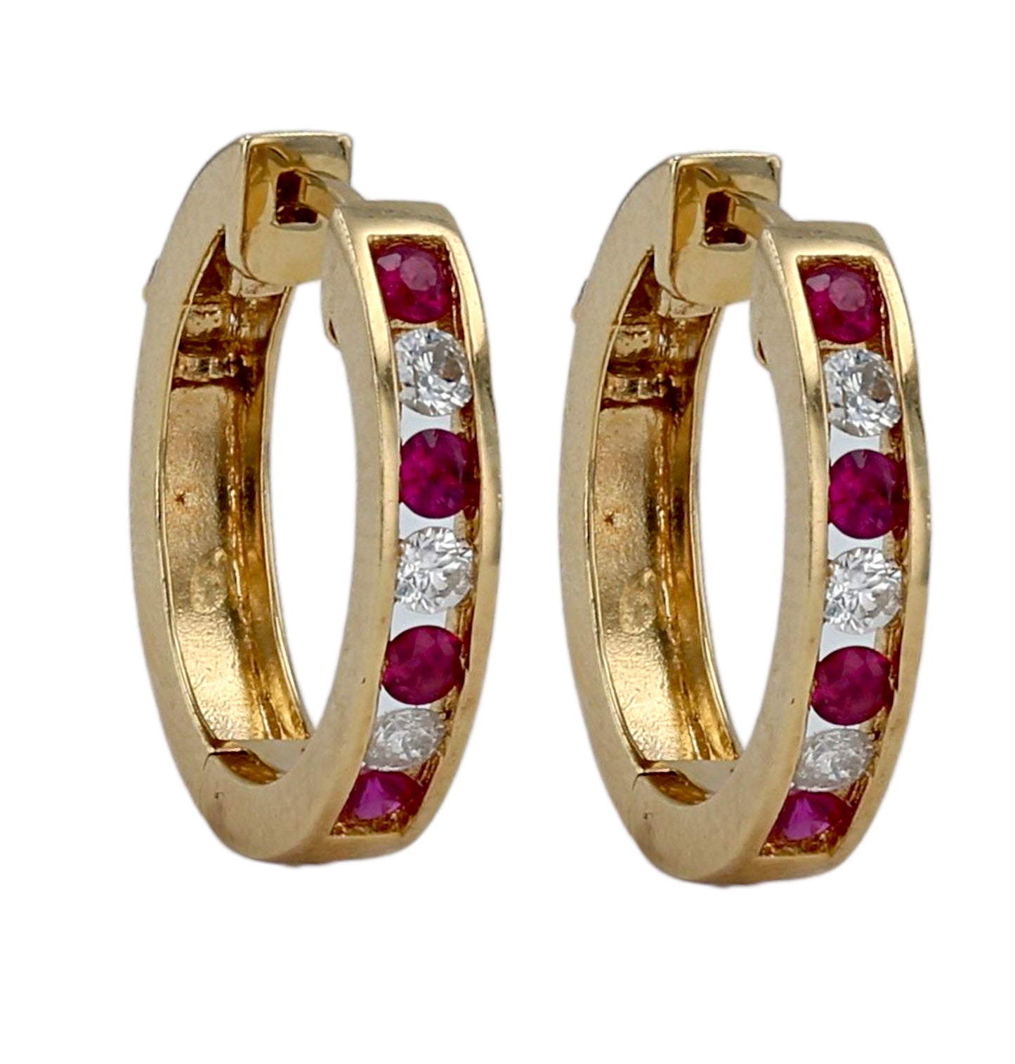 Yellow gold 14k ruby and diamonds heavy solid earrings hoops