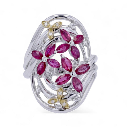 18K White gold 1.35 CT Ruby and diamonds oval Flower Ring-GMR-34160