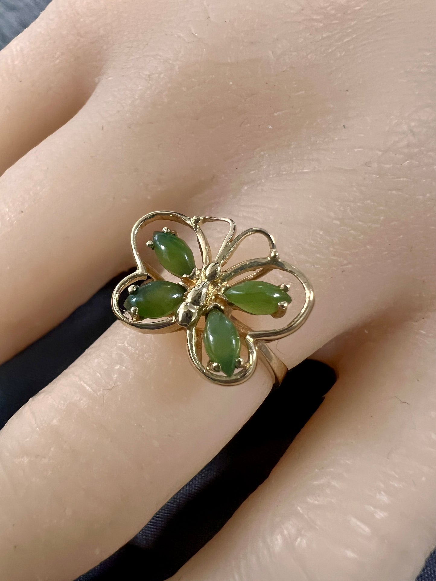 14K Yellow gold marquise cut natural jade butterfly ring
