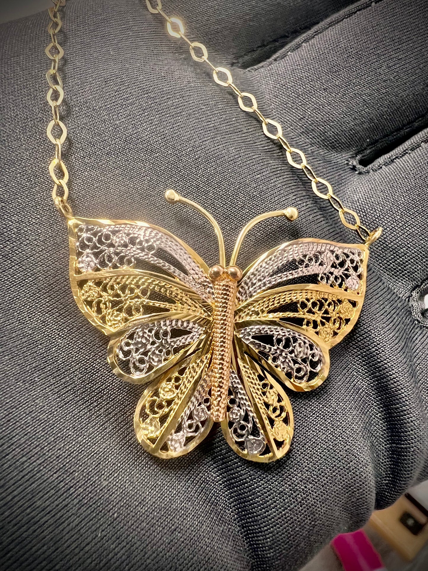 14K tricolor gold filigrana diamond cut butterfly necklace