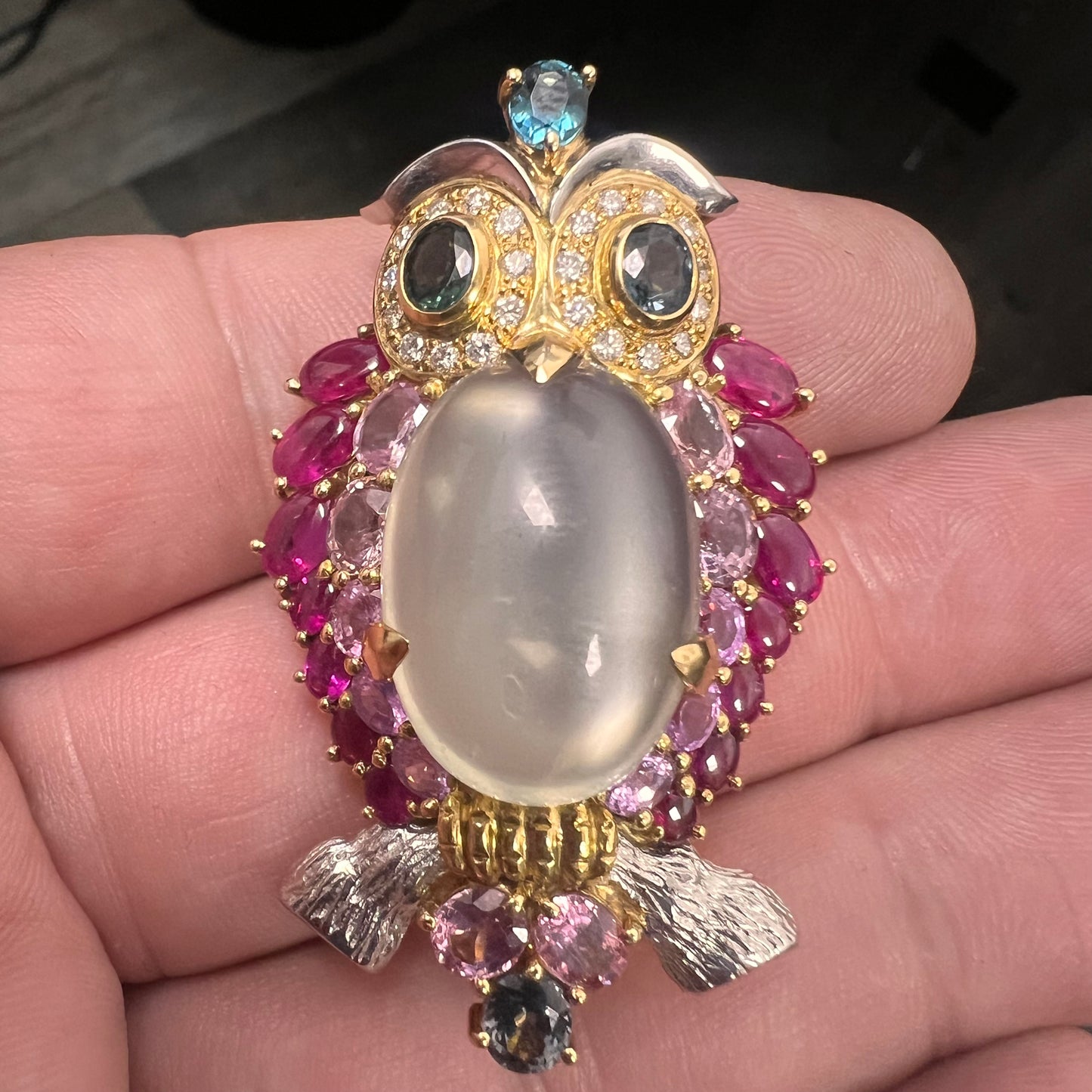 18k platinum state huge owl dual pendant pin natural and diamonds gemstone-11384