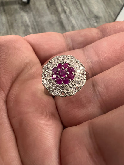 14K white gold sunflower ruby with diamonds ring-19583