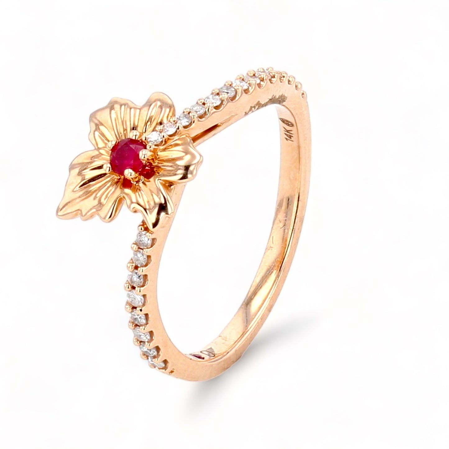 14K pink gold maple leaf ruby and diamonds ring-20358
