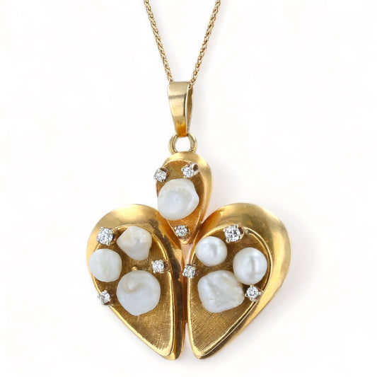 14K Yellow solid gold two D double Heart original  baroque pearl and diamonds necklace-10954