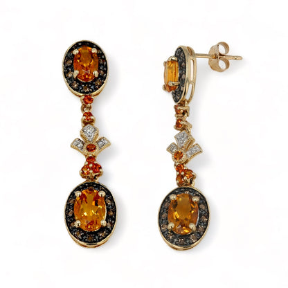 10k yellow gold chocolate diamonds center stone citrine dangling studs earrings-8765