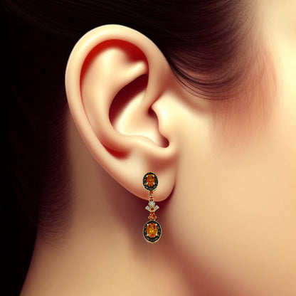 10k yellow gold chocolate diamonds center stone citrine dangling studs earrings-8765