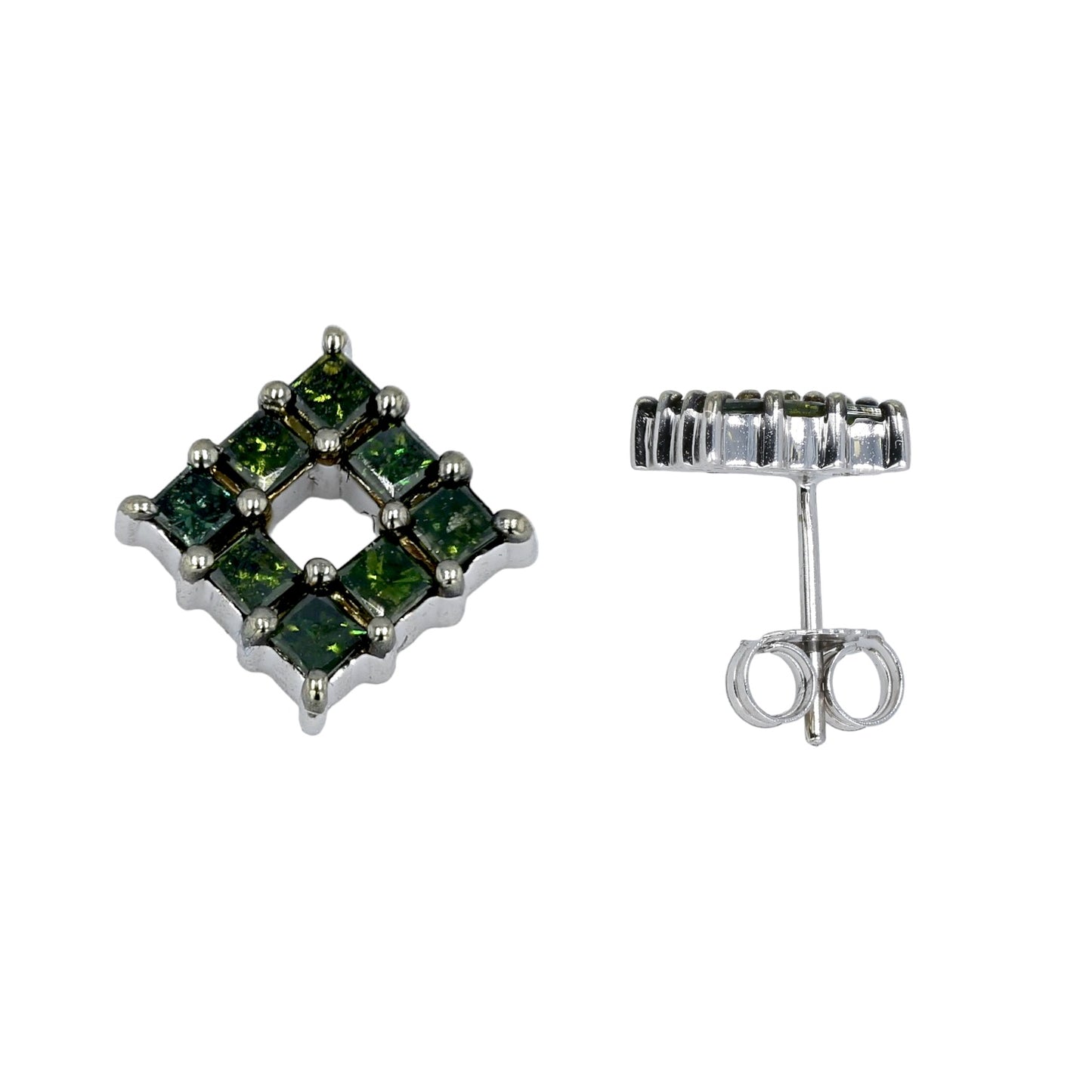 10K White gold square 0.70CT  green diamonds studs earrings-10292