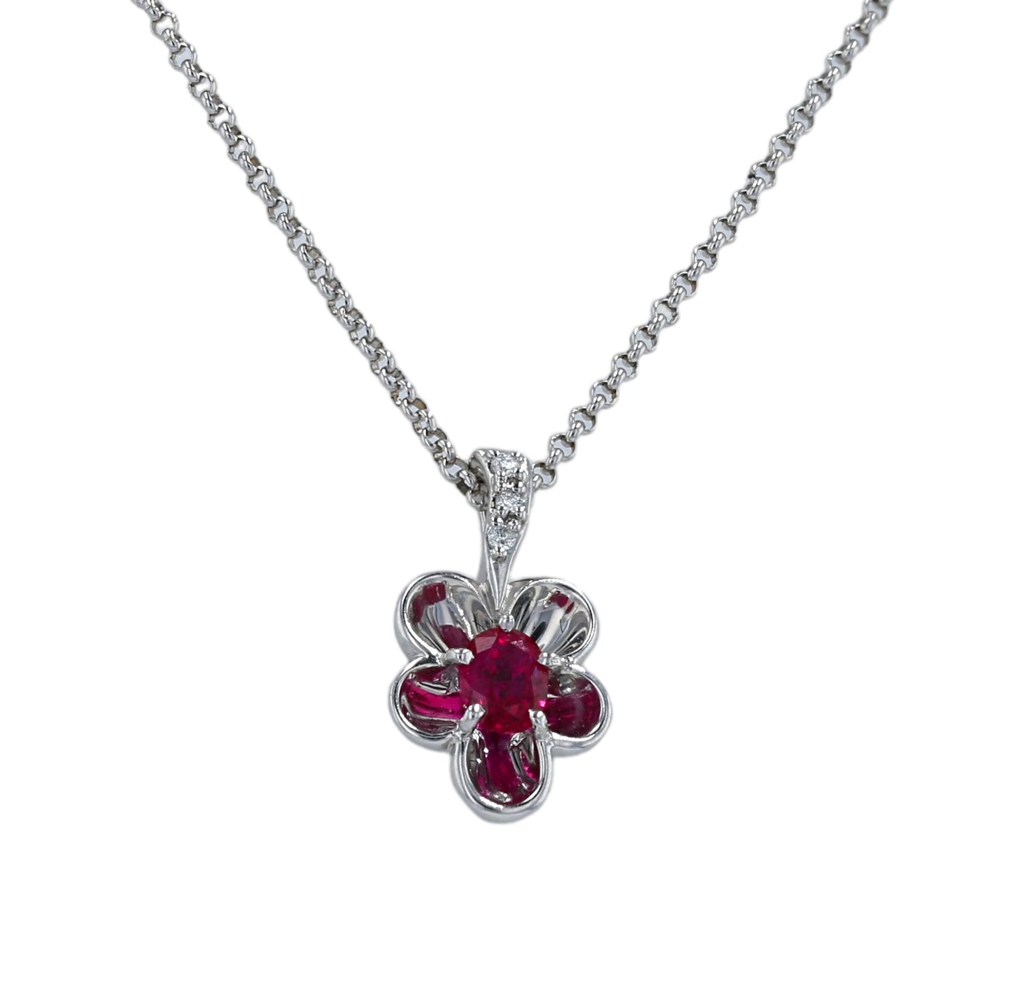 Gold 18k solid chain flower ruby pendant