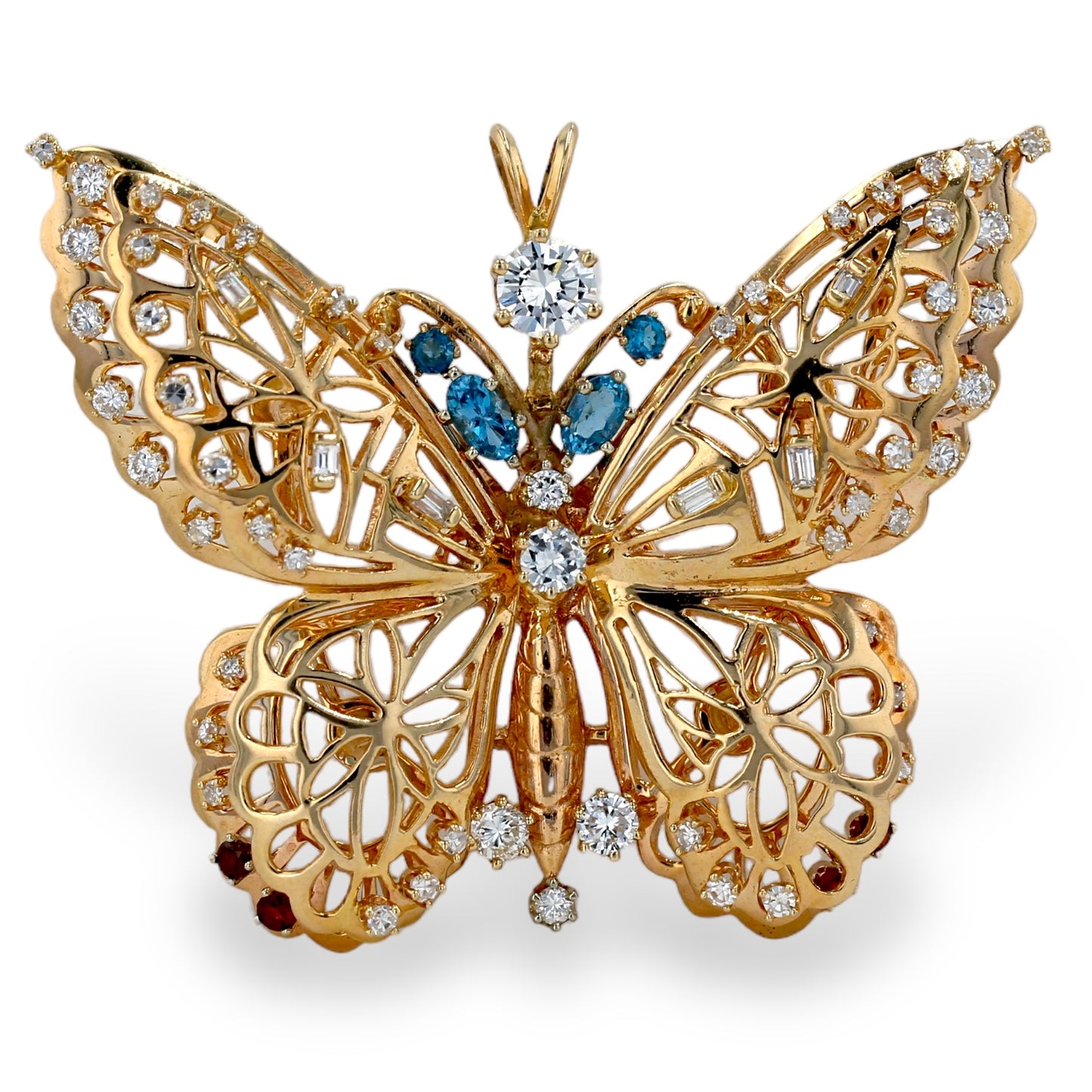 Solid gold 14k butterfly diamond topaz & ruby