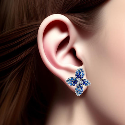 White gold 14k clover earrings sapphire and diamonds