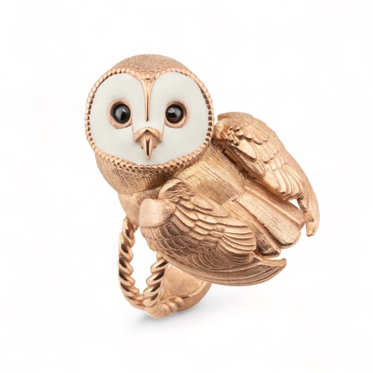 14K rose gold solid 3D handmade realistic owl ring-52903