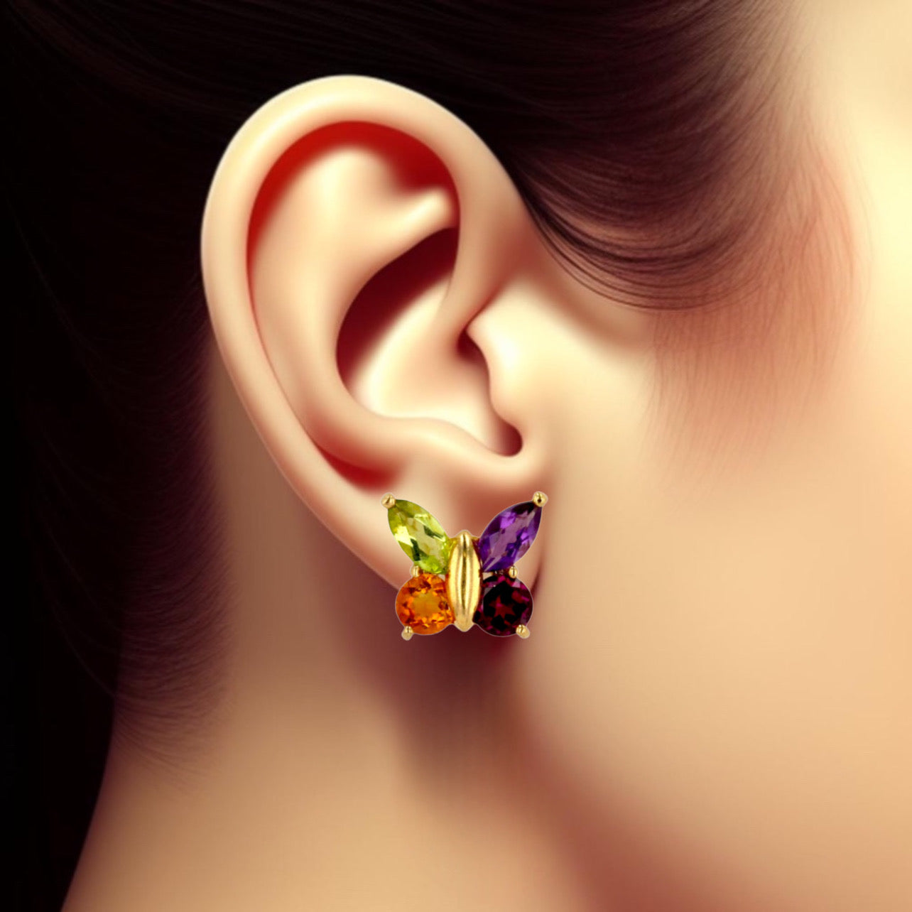 14k gold butterfly color tourmaline earrings