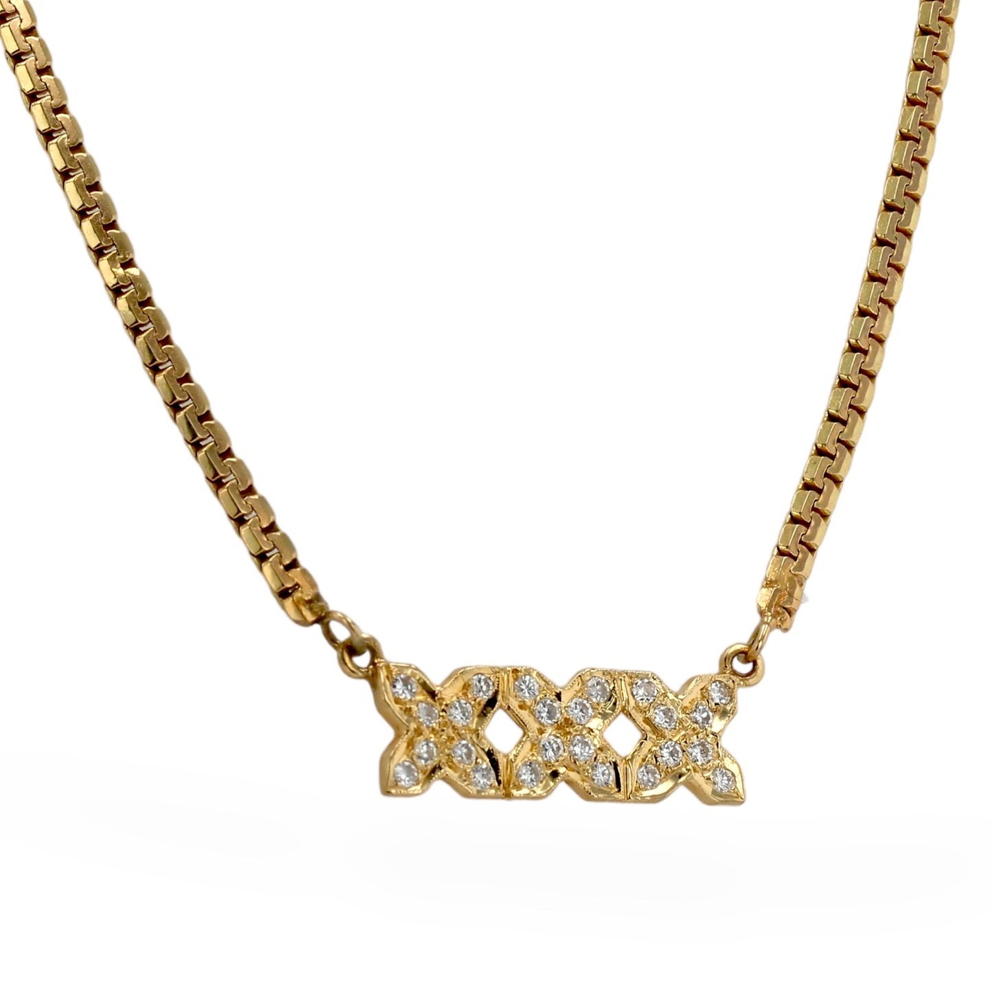 14k solid yellow gold xoxo diamond necklace.
