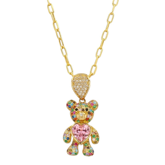 10K Yellow Gold Pink Teddy Bear Charm choker paper clip-62991