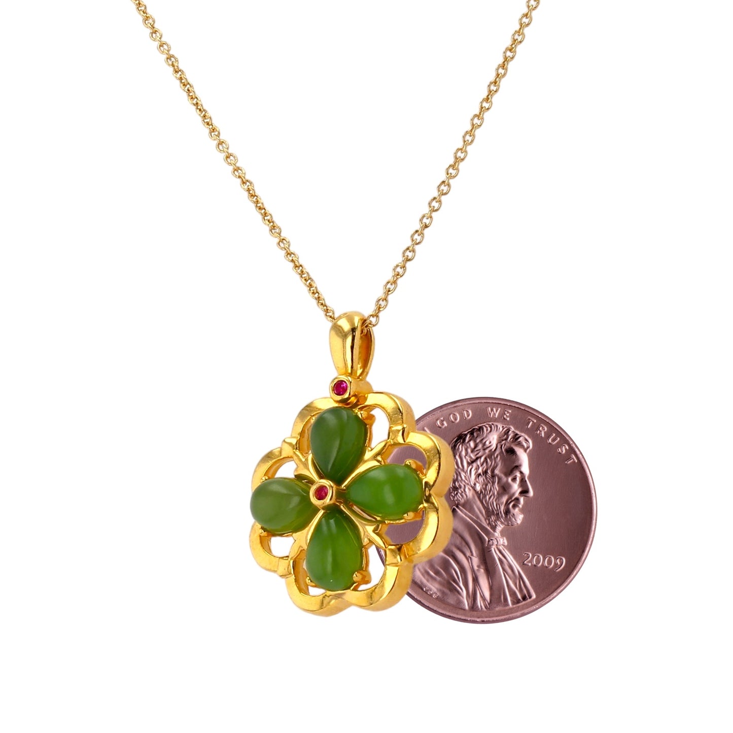 18k Yellow gold green jade clover necklace