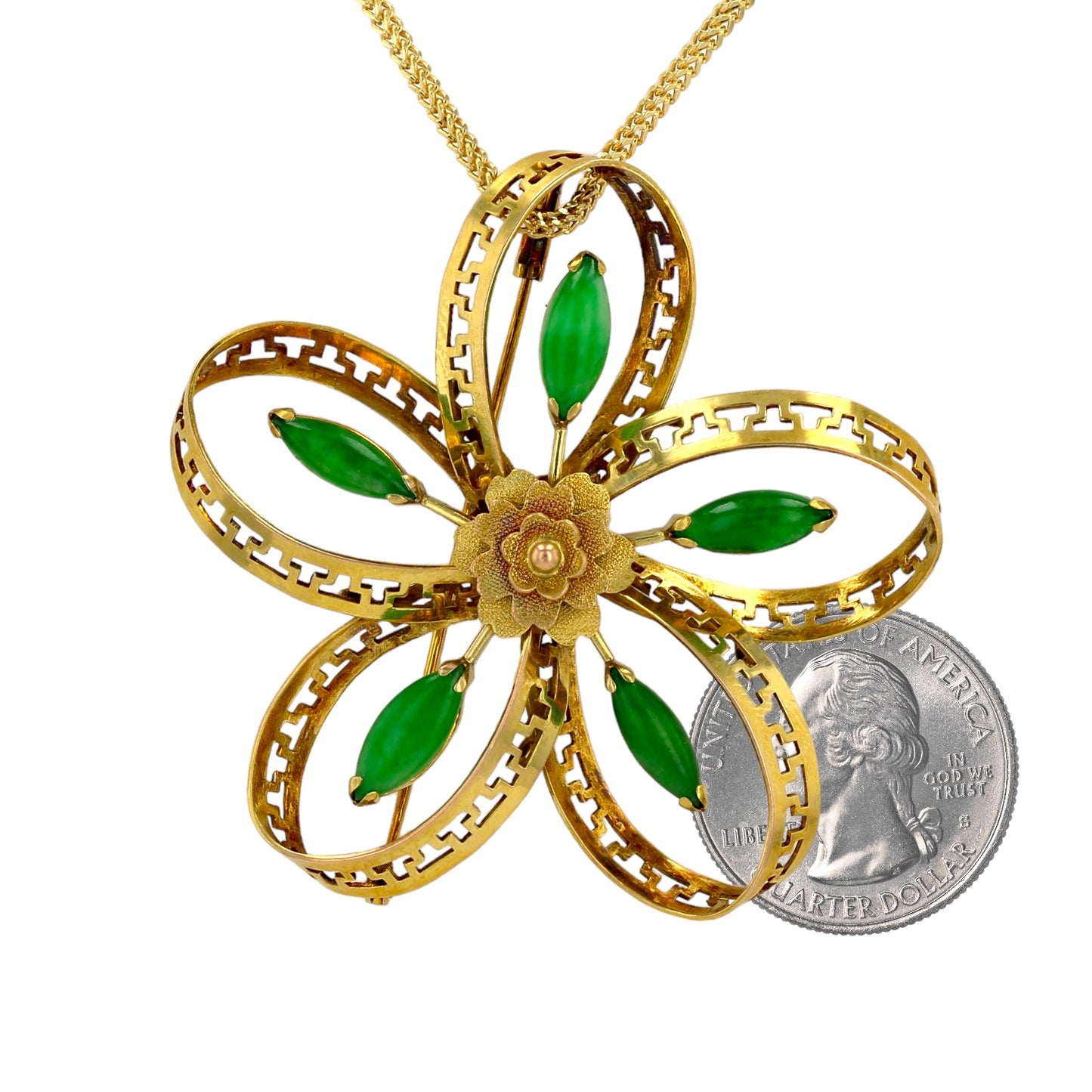 14K Yellow gold 5 petals clover solid natural jade Vintage Necklace
