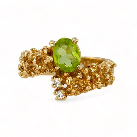 14K Yellow gold solid nugget texture lime tourmaline ring-222918