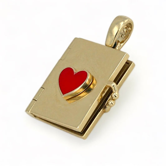14K Yellow gold daily book red hearth accent pendant-4628