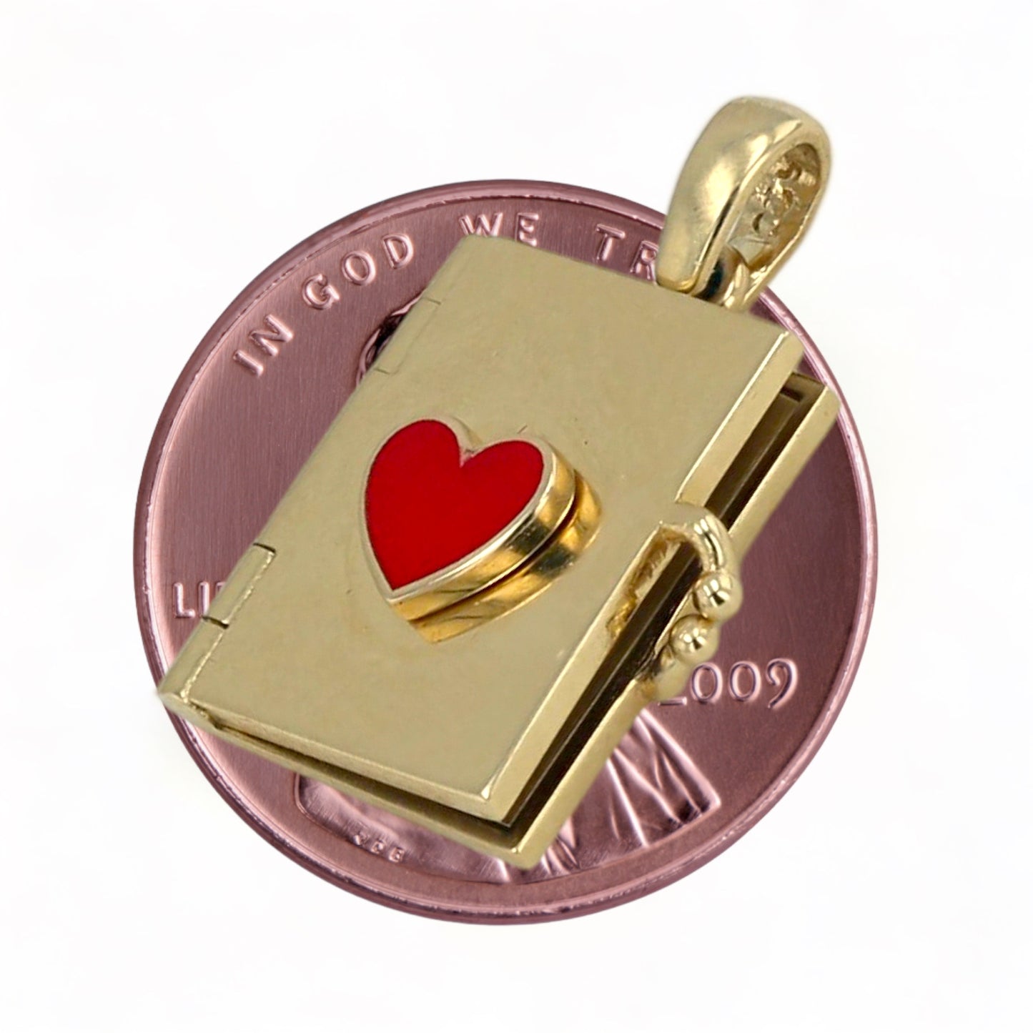 14K Yellow gold daily book red hearth accent pendant-4628