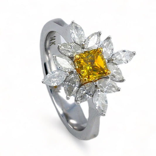 14K White gold floral yellow diamond and marquis diamonds ring-6750