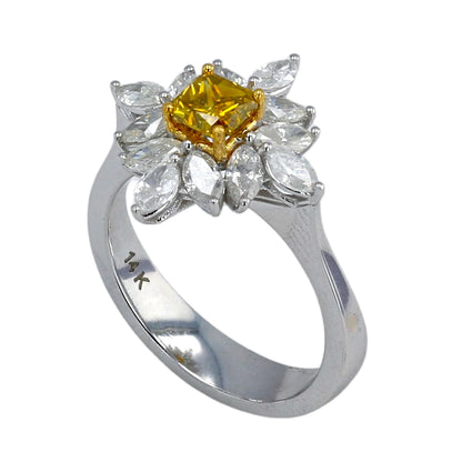 14K White gold floral yellow diamond and marquis diamonds ring-6750