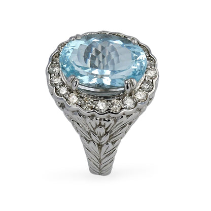 14K White gold oval floral aquamarine with diamonds ring