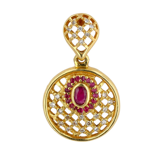 18K yellow gold wire round red ruby and diamonds dangling vintage earrings-7892