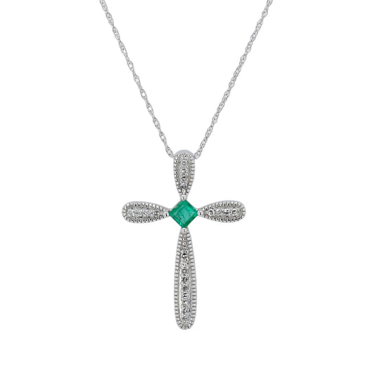 14k White gold Emerald with diamond cross necklace-17744