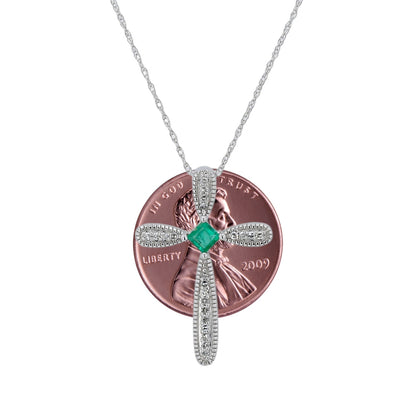 14k White gold Emerald with diamond cross necklace-17744