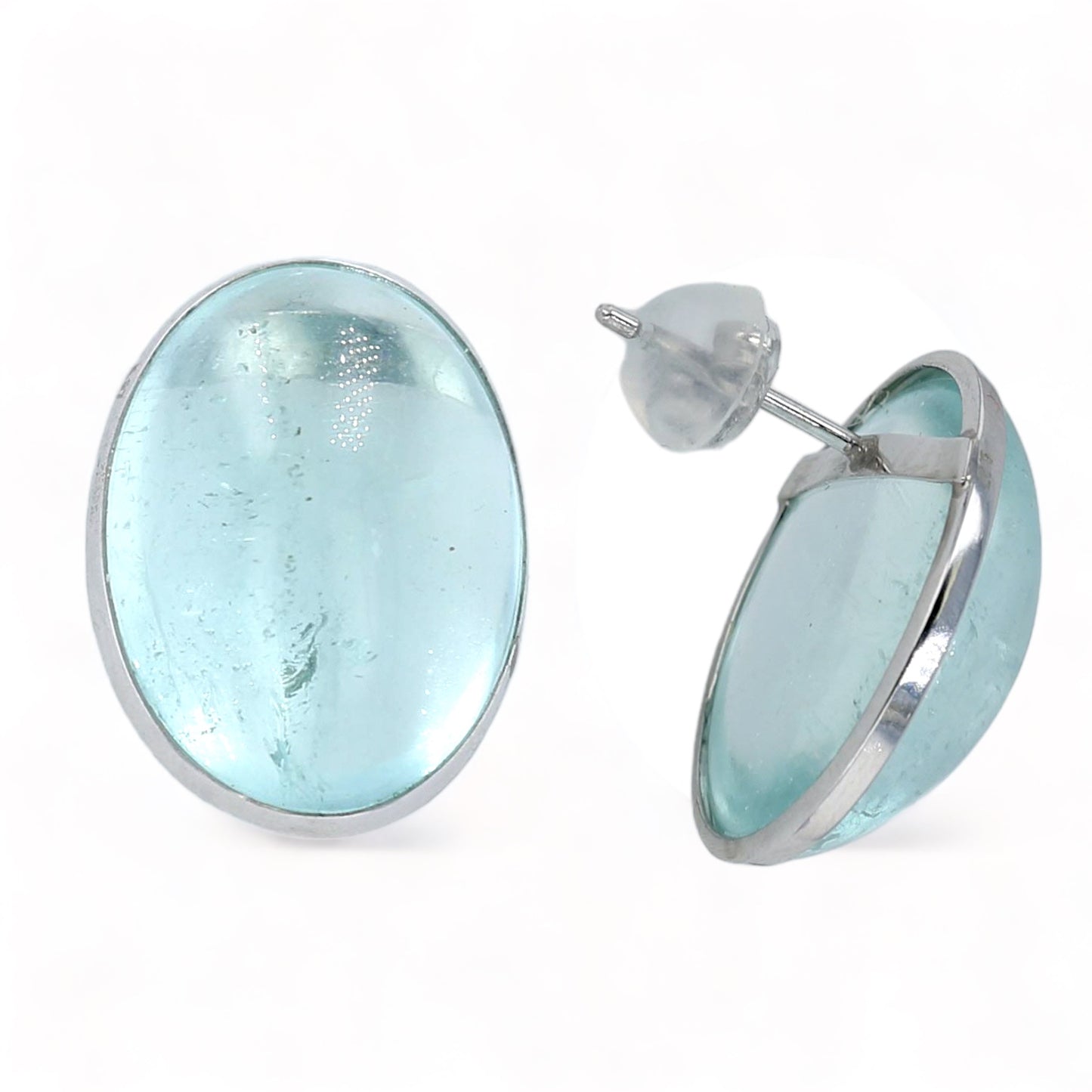 Big oval natural 17.5 CT natural aqua marine platinum bezel studs earrings-4081