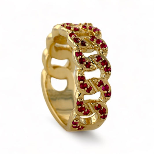 14K Yellow gold miami Cuban red ruby ring-68901