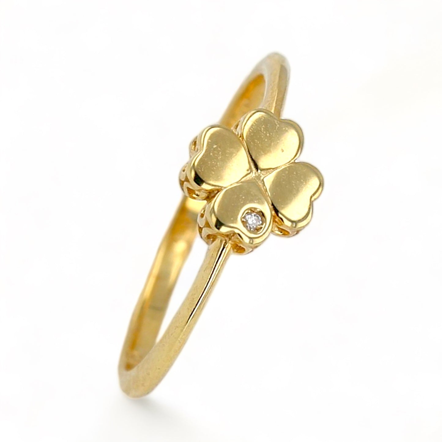 14K Yellow gold solid clover diamond accent ring-10733