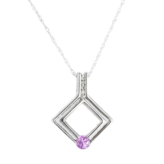 14K White gold pink sapphire with diamonds square pendant necklace-11524