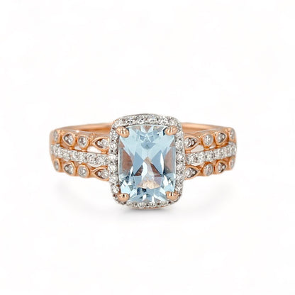 14K rose gold natural aquamarine diamonds halo ring-24332