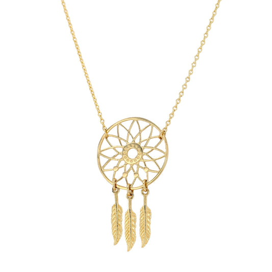14K Yellow gold solid dream catcher necklace-11913
