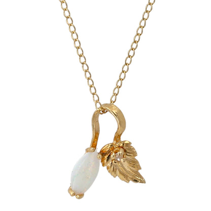 14K Yellow gold opal diamond accent leaf necklace-17726
