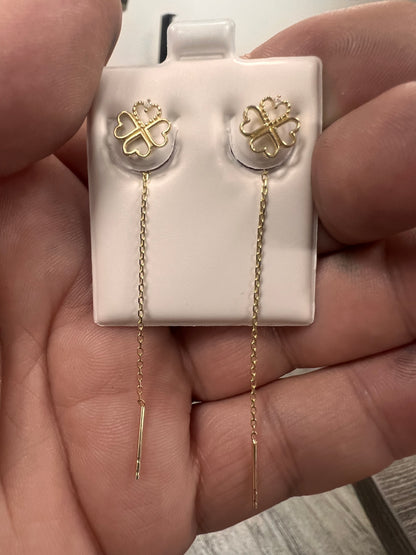 14K Yellow gold dangling clover earrings-630053